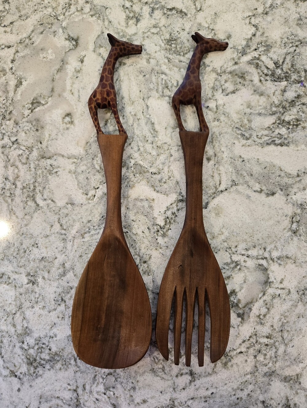 Handcrafted Wooden Giraffe Salad Servers - Brown
